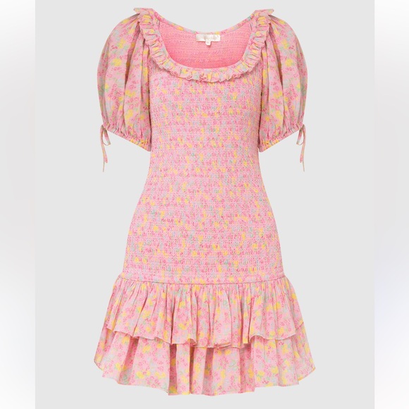 Loveshackfancy Violet Ruffle Mini Dress in Floral Melon Punch size Large $395 - Picture 2 of 16